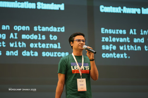 Sumit Saha speaking at WordCamp Dhaka 2025
